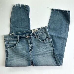 Cosmic Blue Love Straight Leg Jeans Distressed Raw Hem High Rise Light Wash